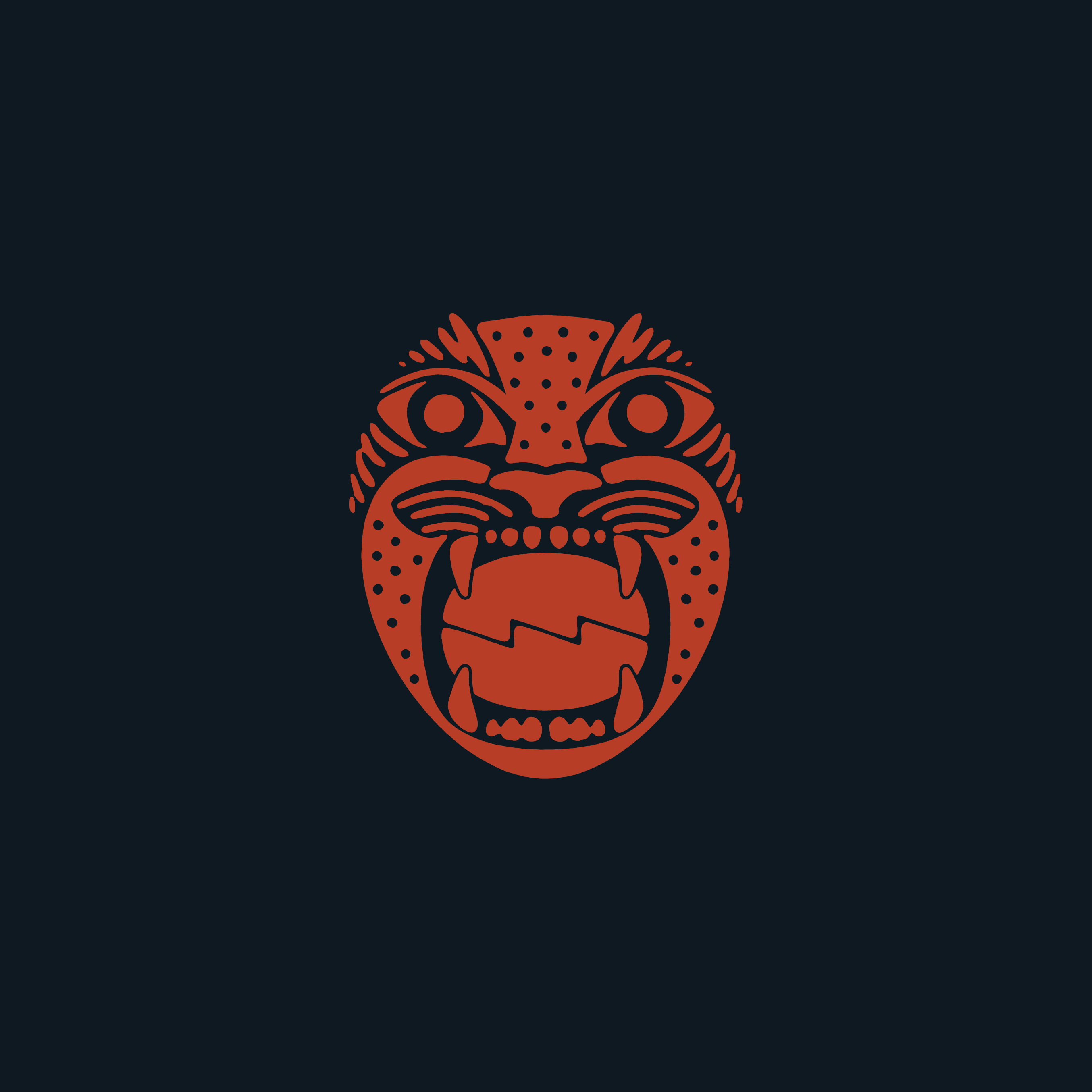Alma Oscura — the jaguar face mark in red on deep navy, with the lightning-bolt tongue
