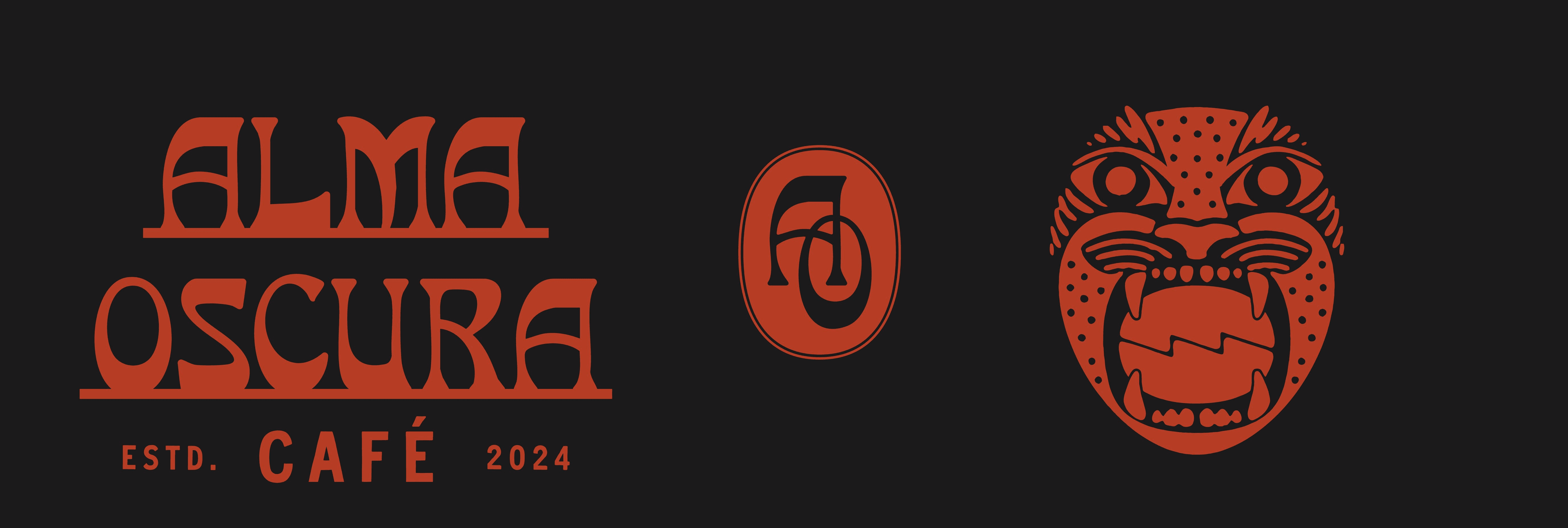 Alma Oscura — identity spread in red on black: the Alma Oscura Café stacked wordmark, the AO monogram seal and the jaguar face mark