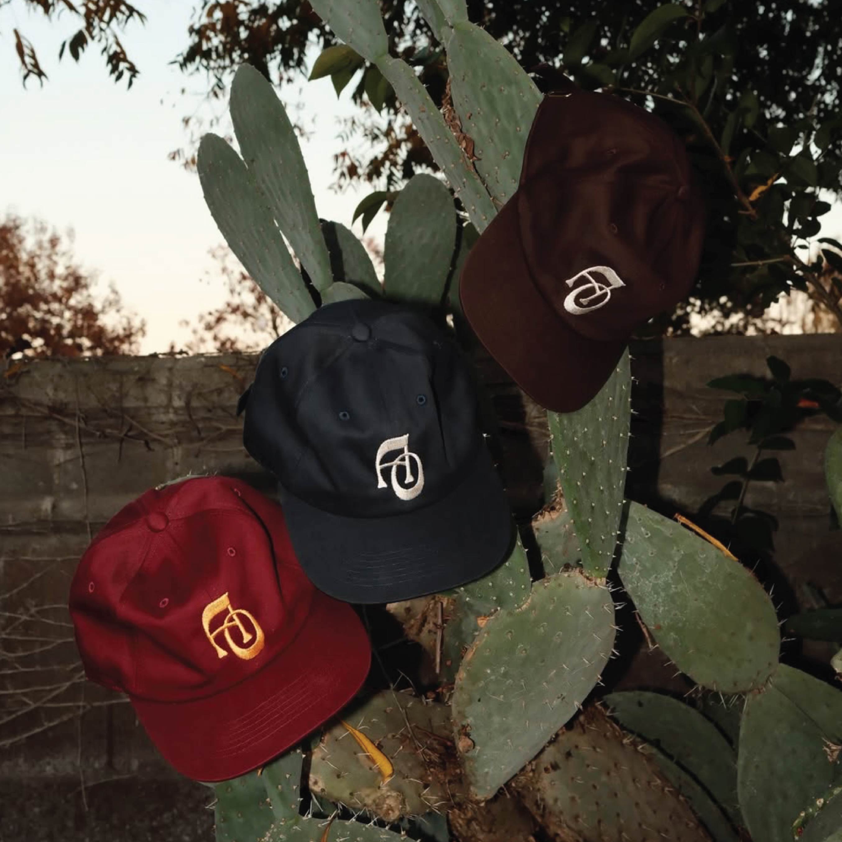 Alma Oscura — burgundy, navy and brown caps embroidered with the AO monogram, hung on a prickly pear cactus