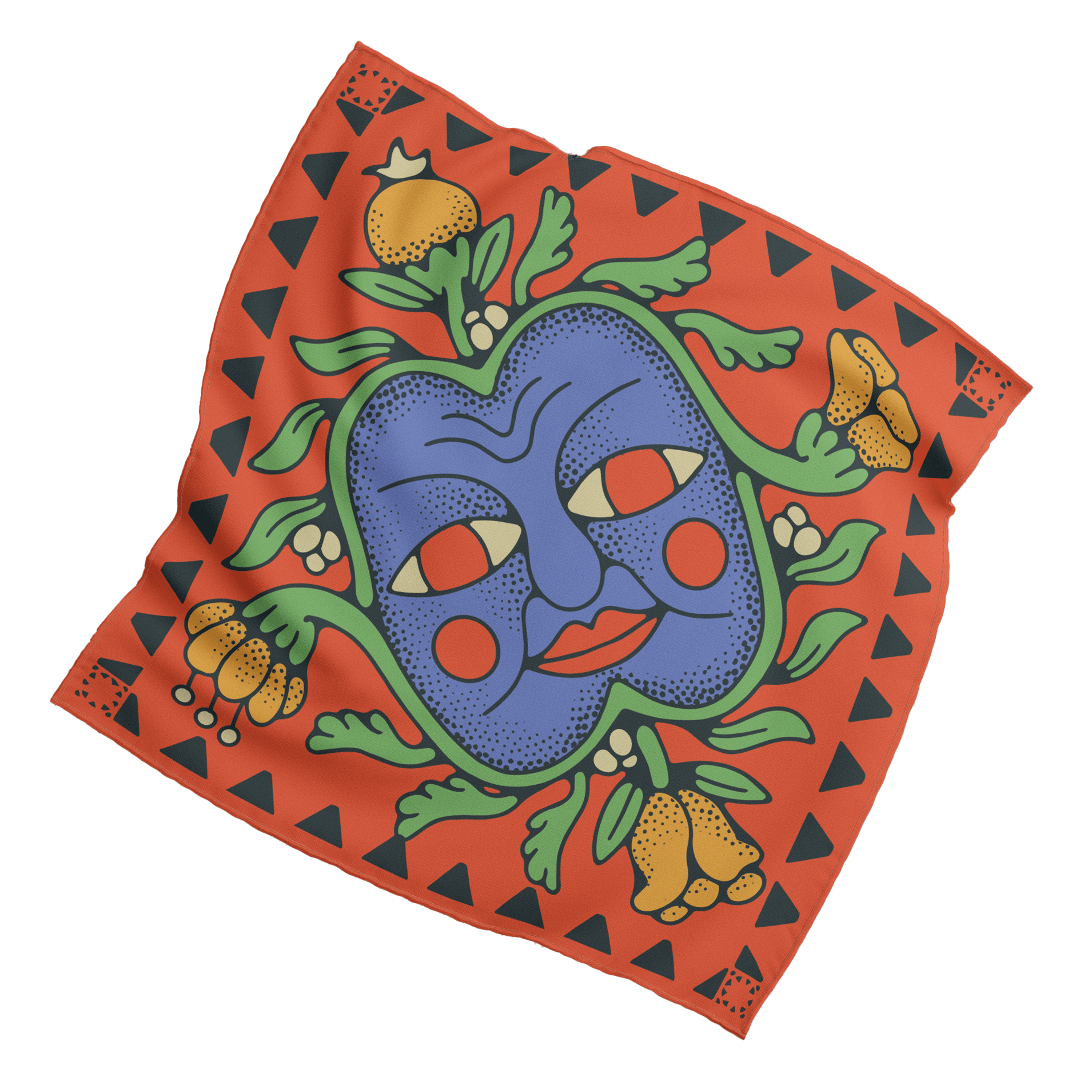 Desert Bloom bandana: a blue face with red cheeks surrounded by green leaves and golden blooms on an orange field with a dark triangle border.