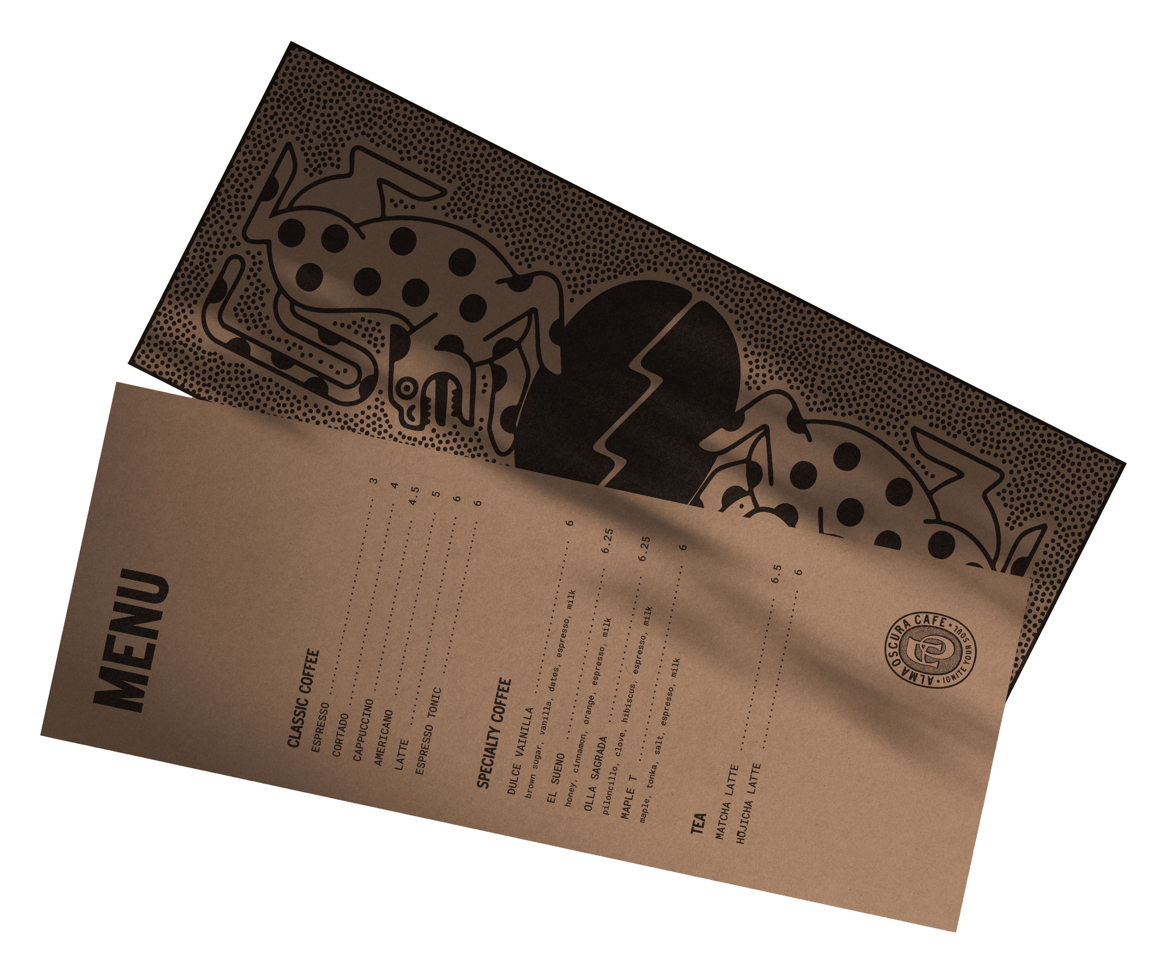 Alma Oscura — menu design with jaguar illustration and coffee offerings