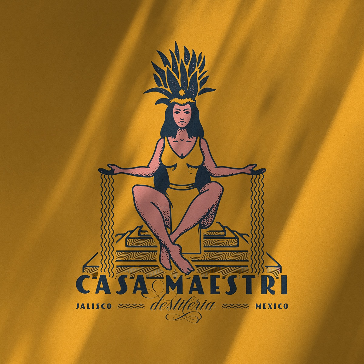 Casa Maestri — Mayahuel illustration on sunlit gold: the goddess seated on a stepped pyramid with an agave headdress