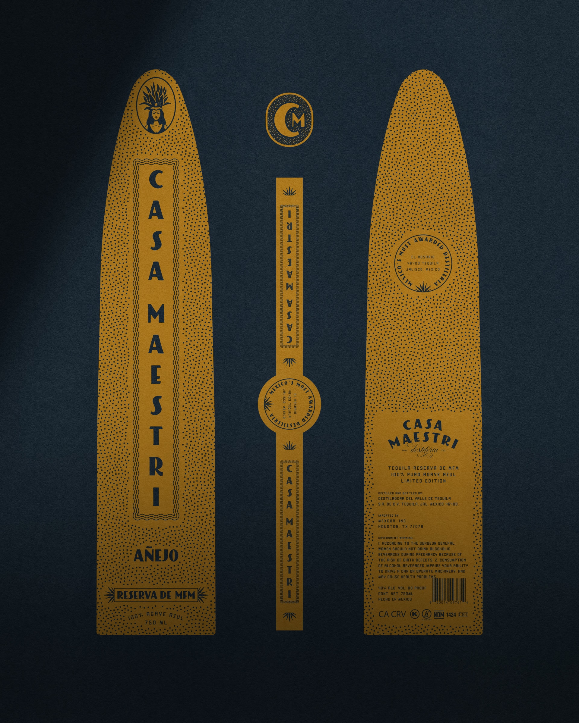 Casa Maestri — Añejo label set in gold on navy: front label, neck strip with seal, and back label