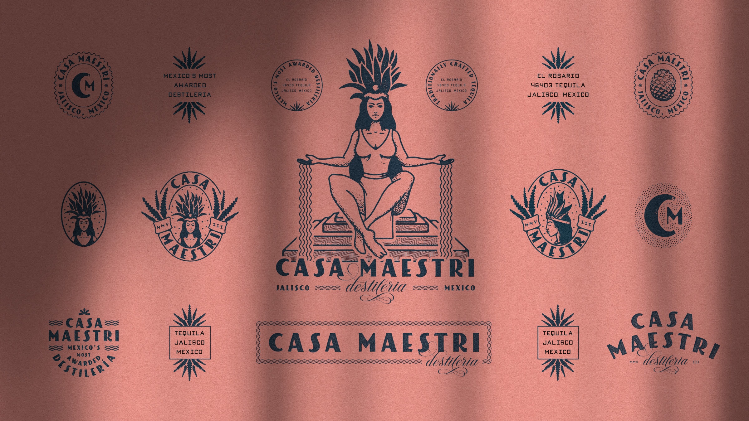 Casa Maestri — full identity system spread in navy on coral: Mayahuel illustration, wordmarks, seals, monograms and supporting marks