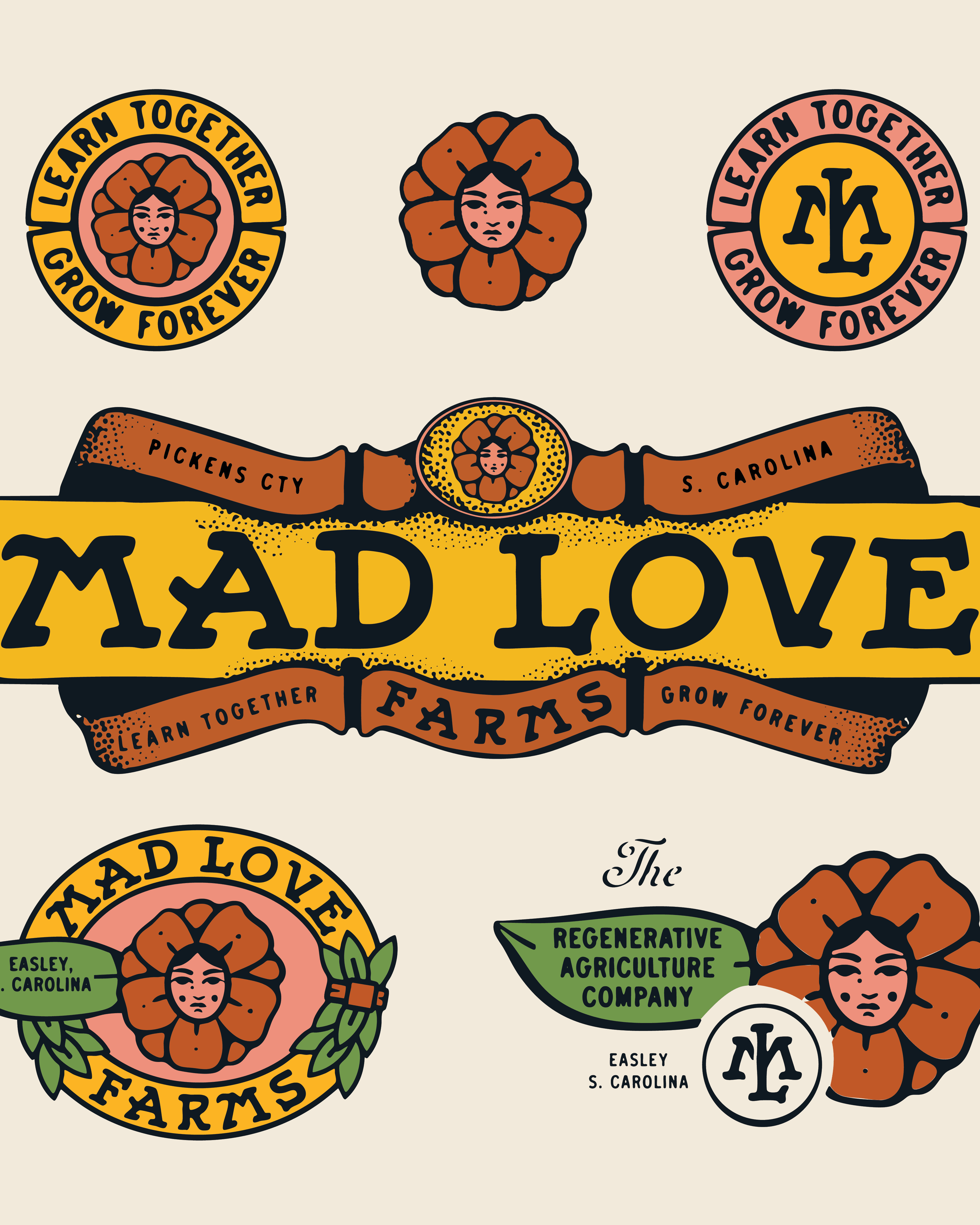 Mad Love Farms — the badge system on cream: Learn Together Grow Forever seals, the framed farm sign, the flower badge and the Regenerative Agriculture Company mark