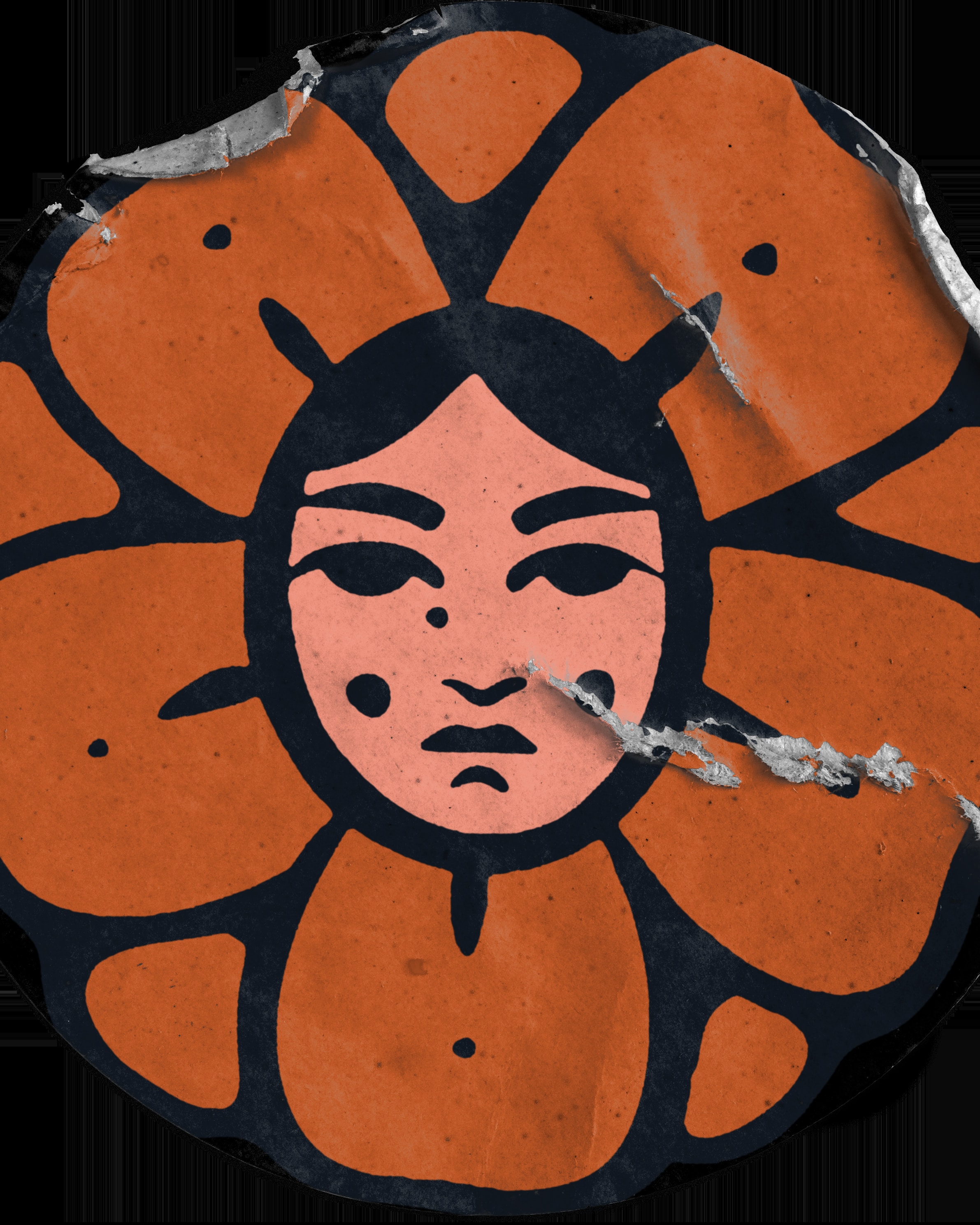 Mad Love Farms — a worn die-cut sticker of the flower mascot's face in orange and black