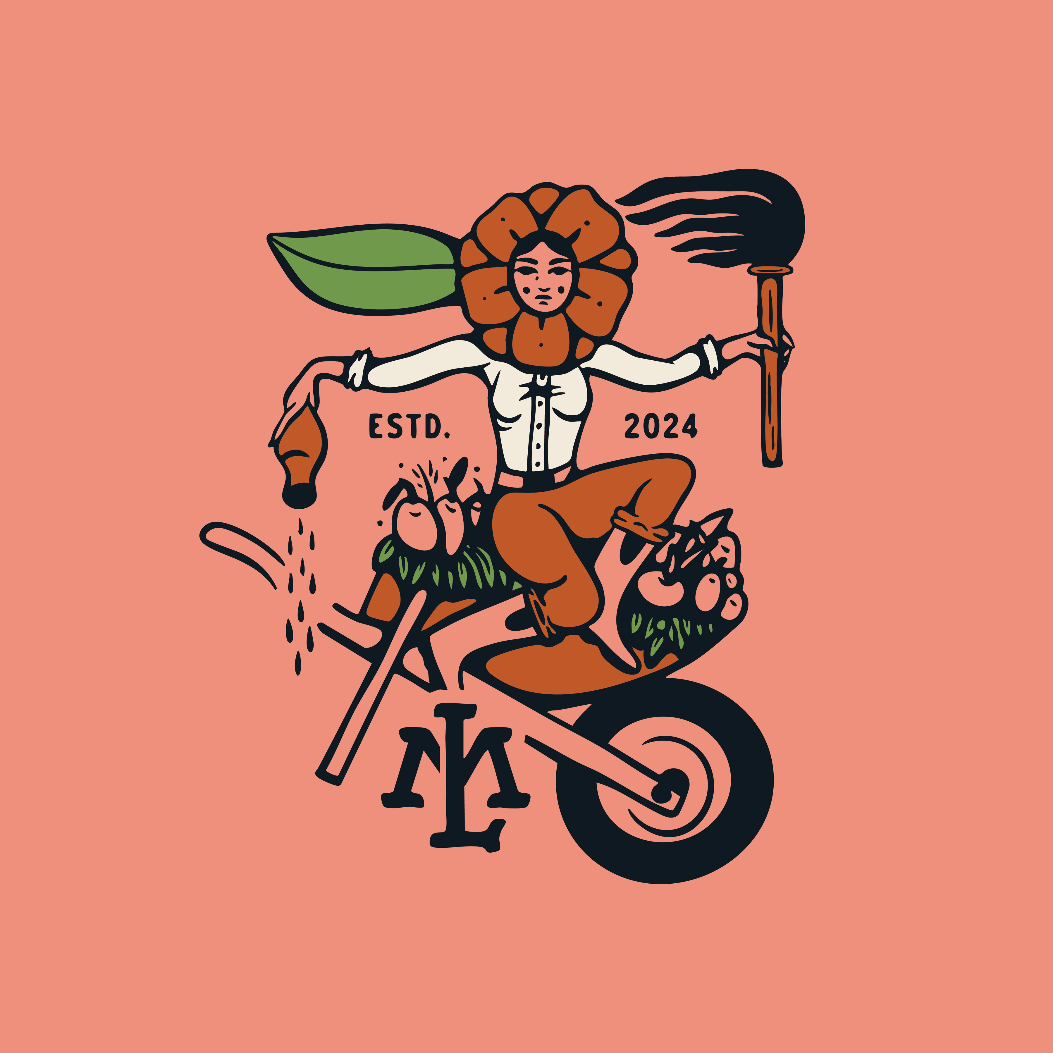 Mad Love Farms — the flower mascot riding a wheelbarrow full of produce, Estd. 2024, on pink