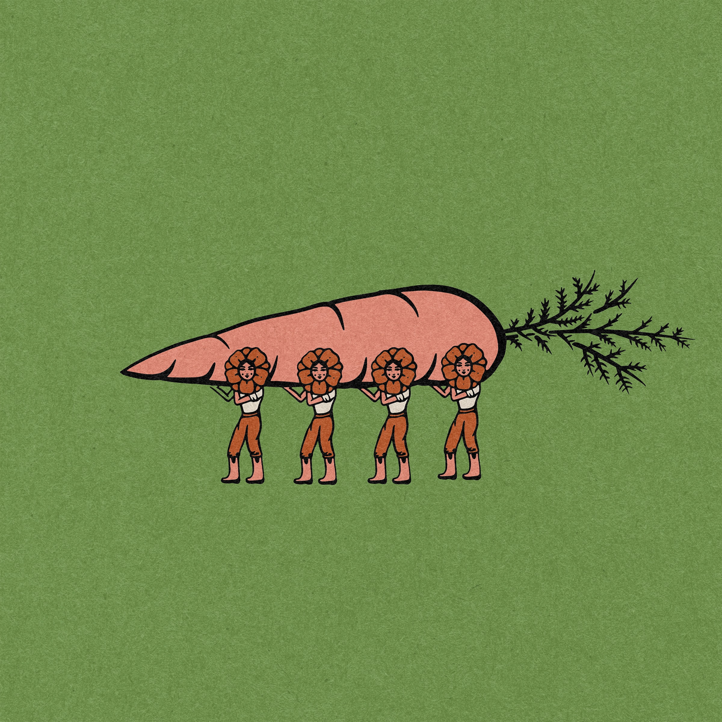 Mad Love Farms — the carrot crew: four tiny farmers carrying a giant carrot, on green