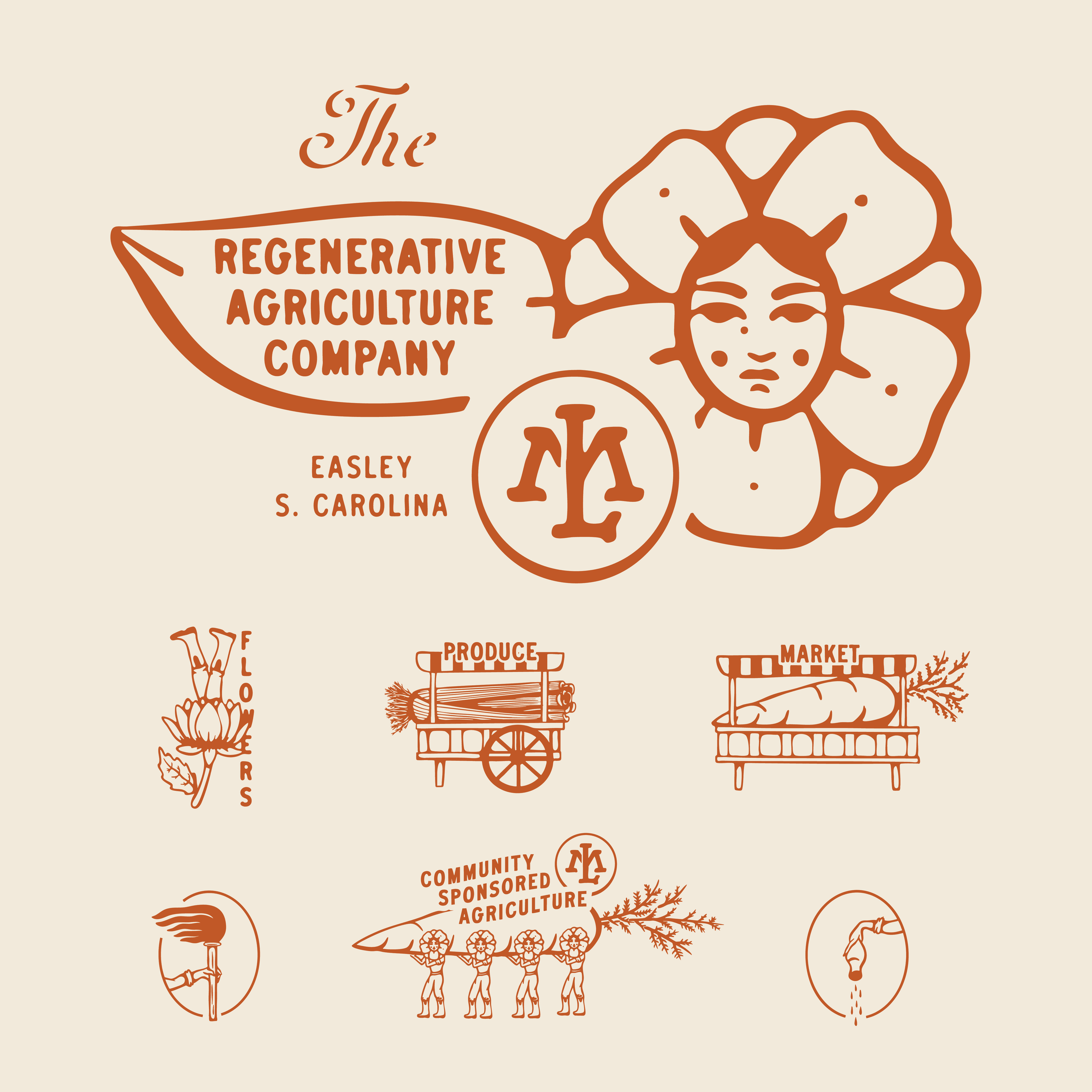 Mad Love Farms — The Regenerative Agriculture Company mark with the ML monogram and department badges in clay on cream