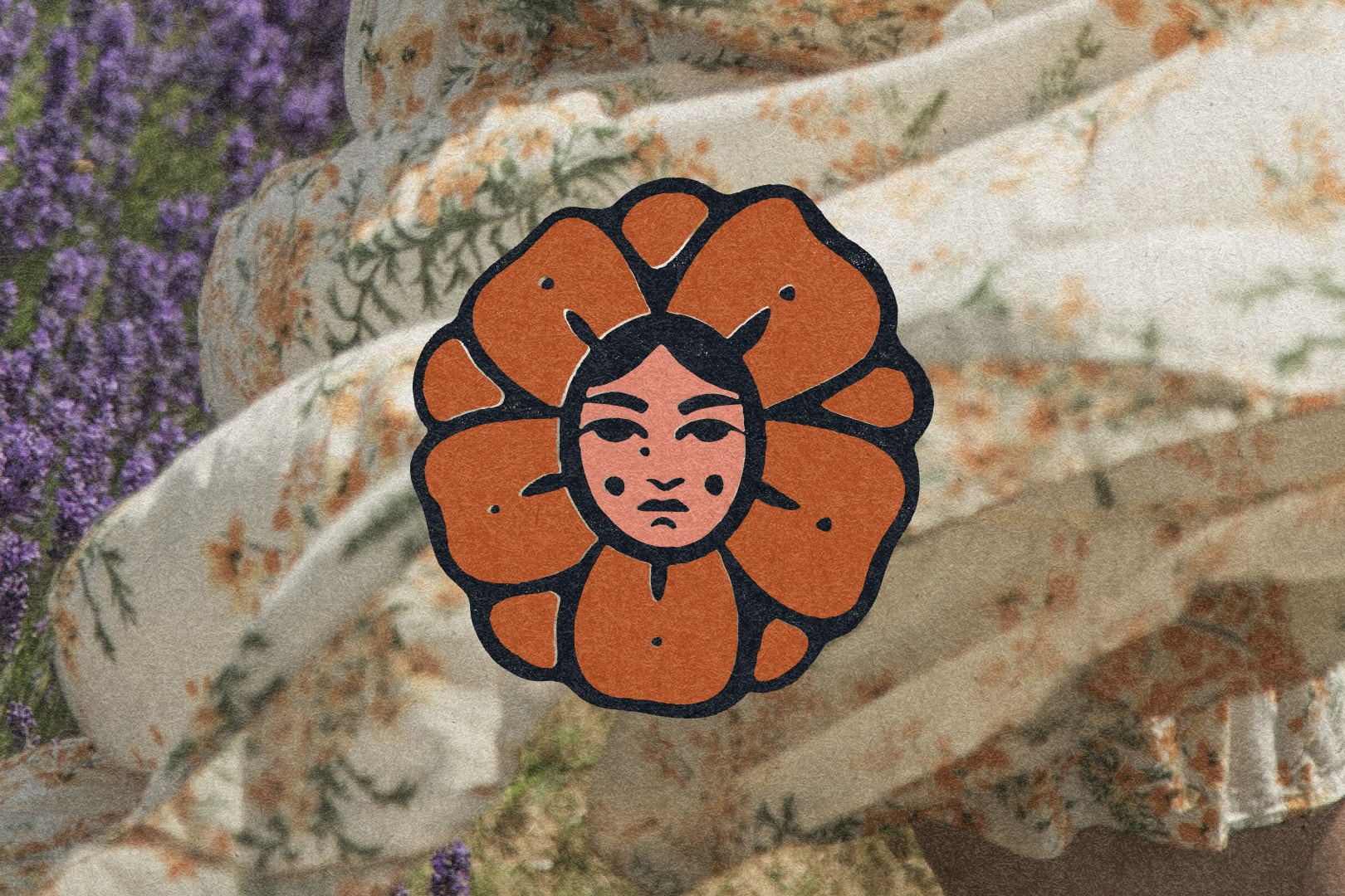 Mad Love Farms — the flower mascot patch on a floral dress in a lavender field