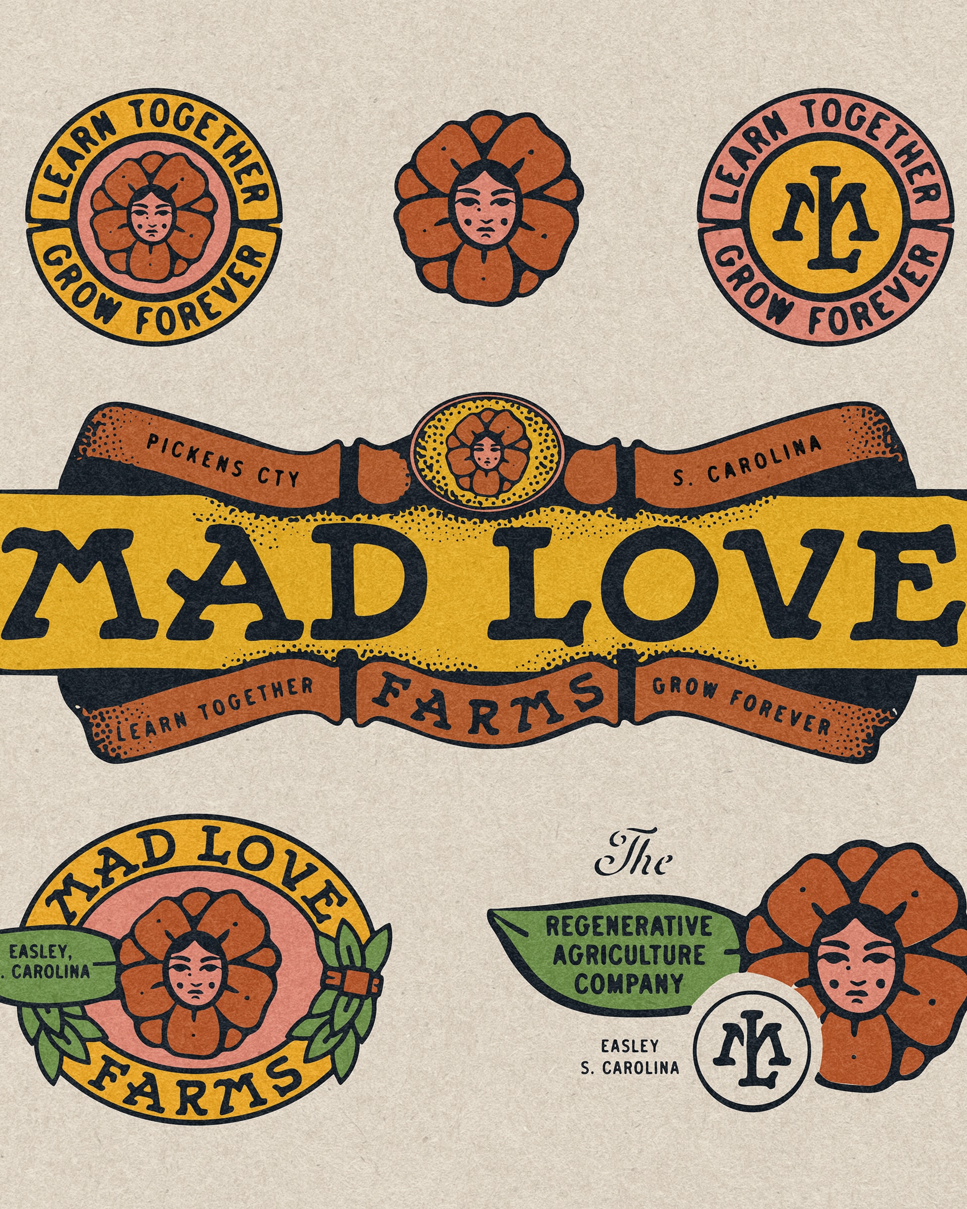 Mad Love Farms — badges on kraft: the framed Mad Love farm sign, flower seals and the Regenerative Agriculture Company mark