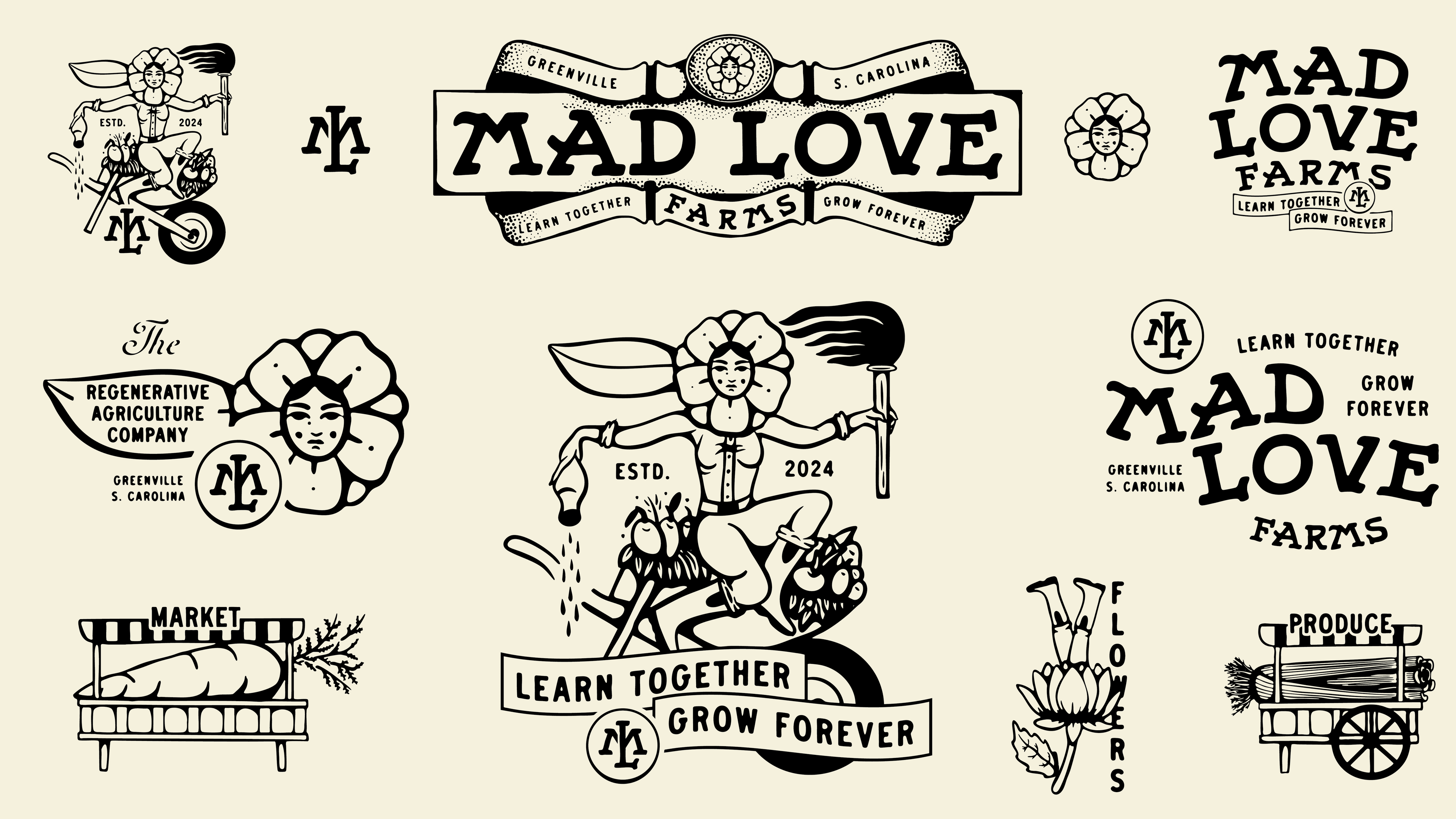 Mad Love Farms — the full identity sheet in black on cream: wordmarks, mascot, monogram, farm sign, badges and illustrations