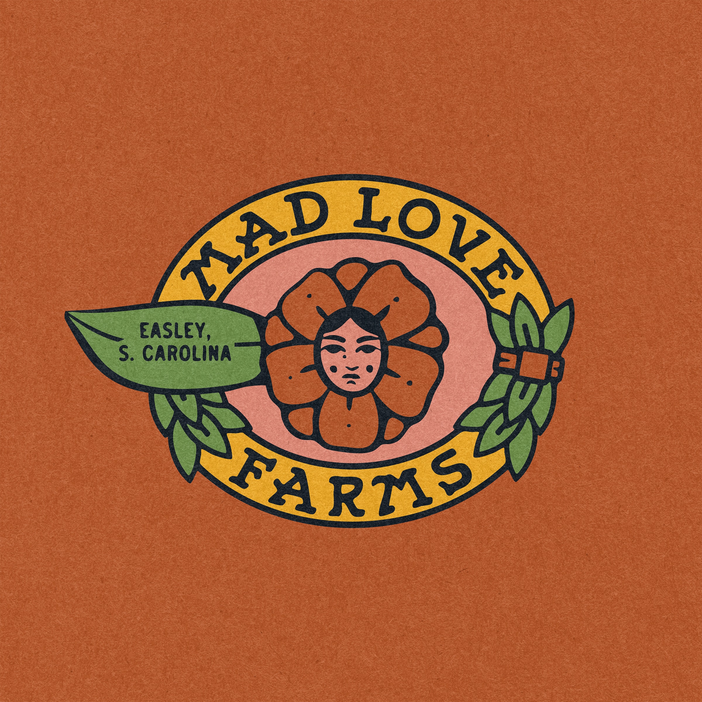 Mad Love Farms — the oval Easley, S. Carolina flower badge in marigold, pink and green on terracotta