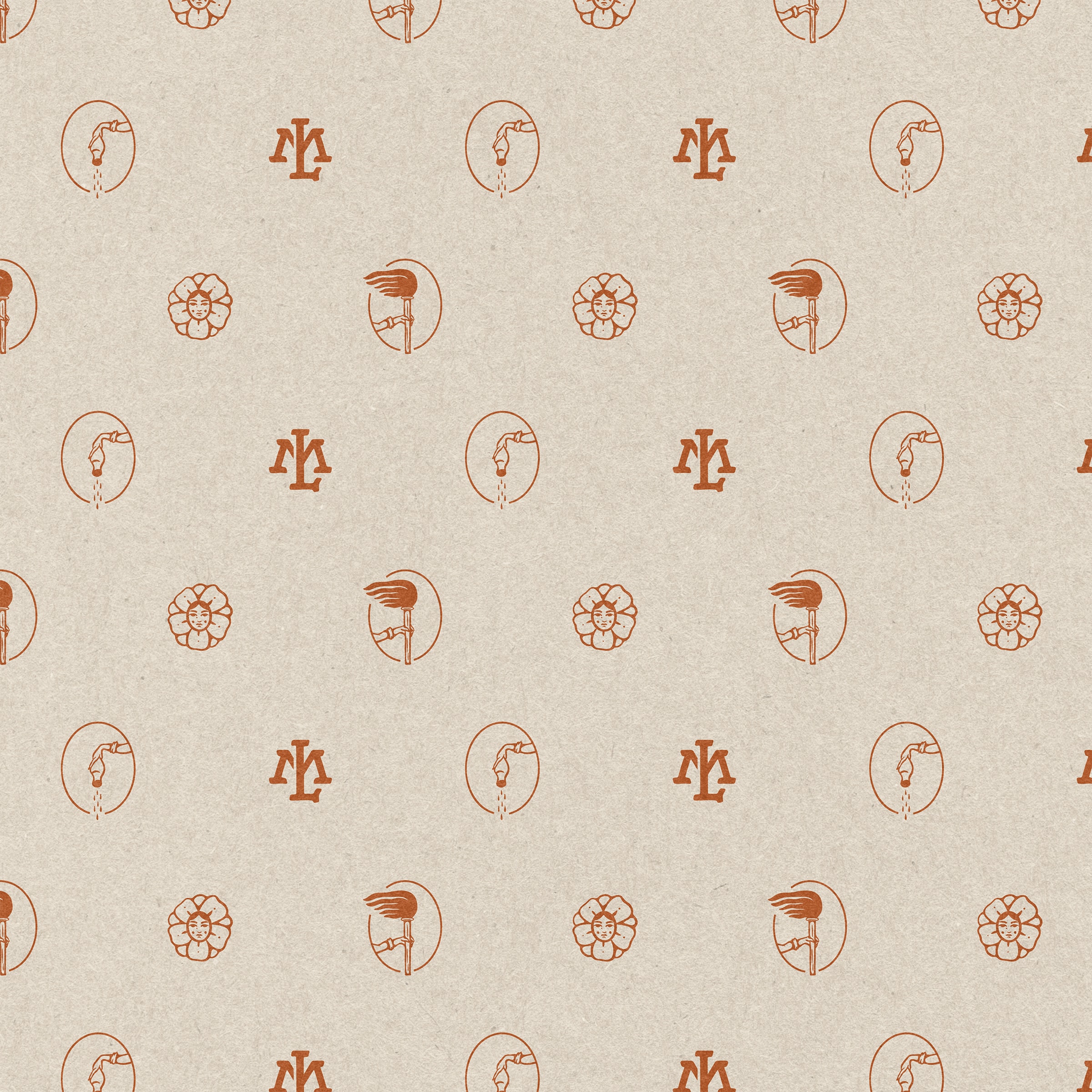 Mad Love Farms — repeat pattern of the monogram, flower and mascot face in clay on kraft
