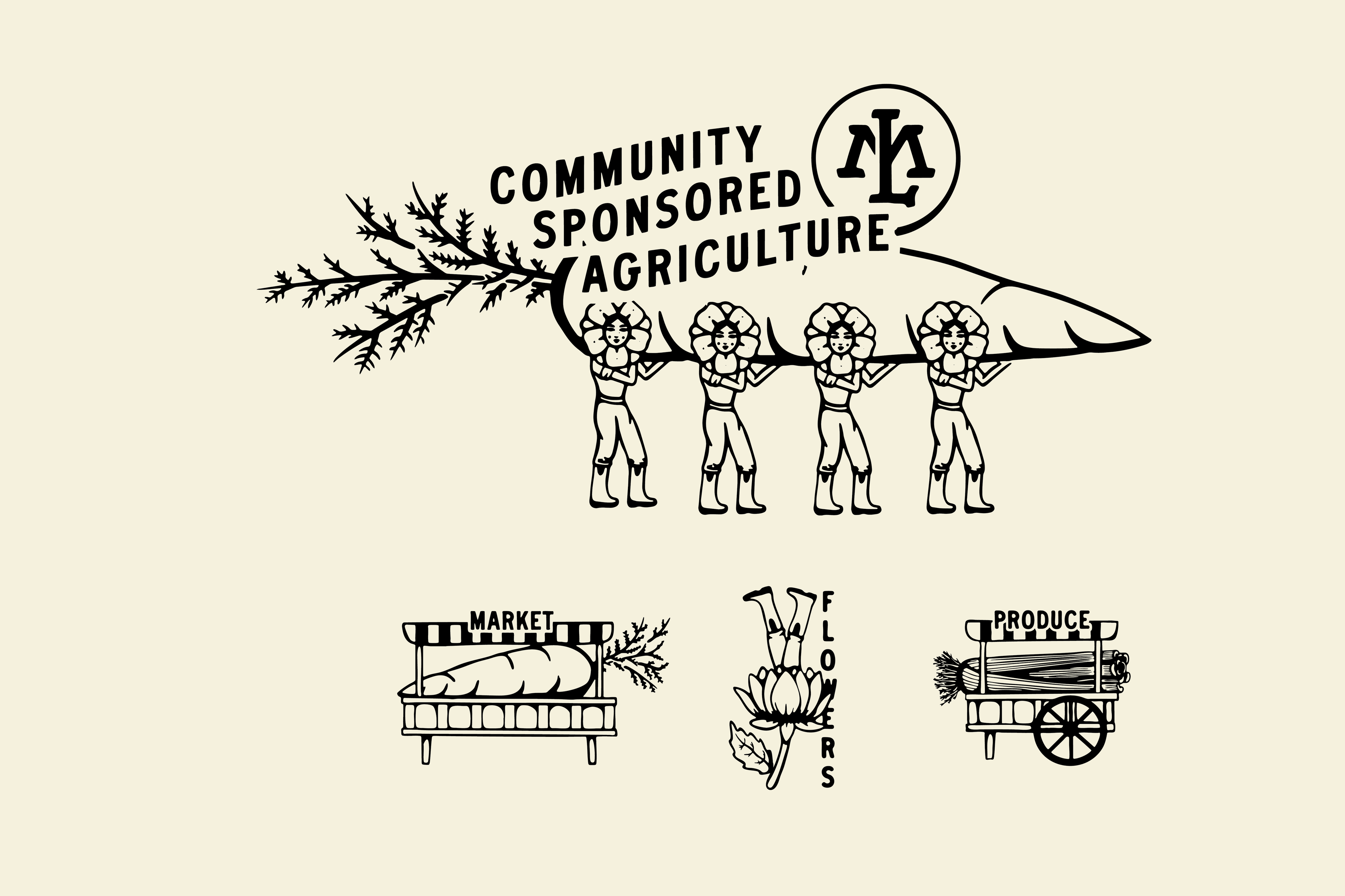 Mad Love Farms — the department badges in black on cream: Community Sponsored Agriculture, Market, Produce and Flowers