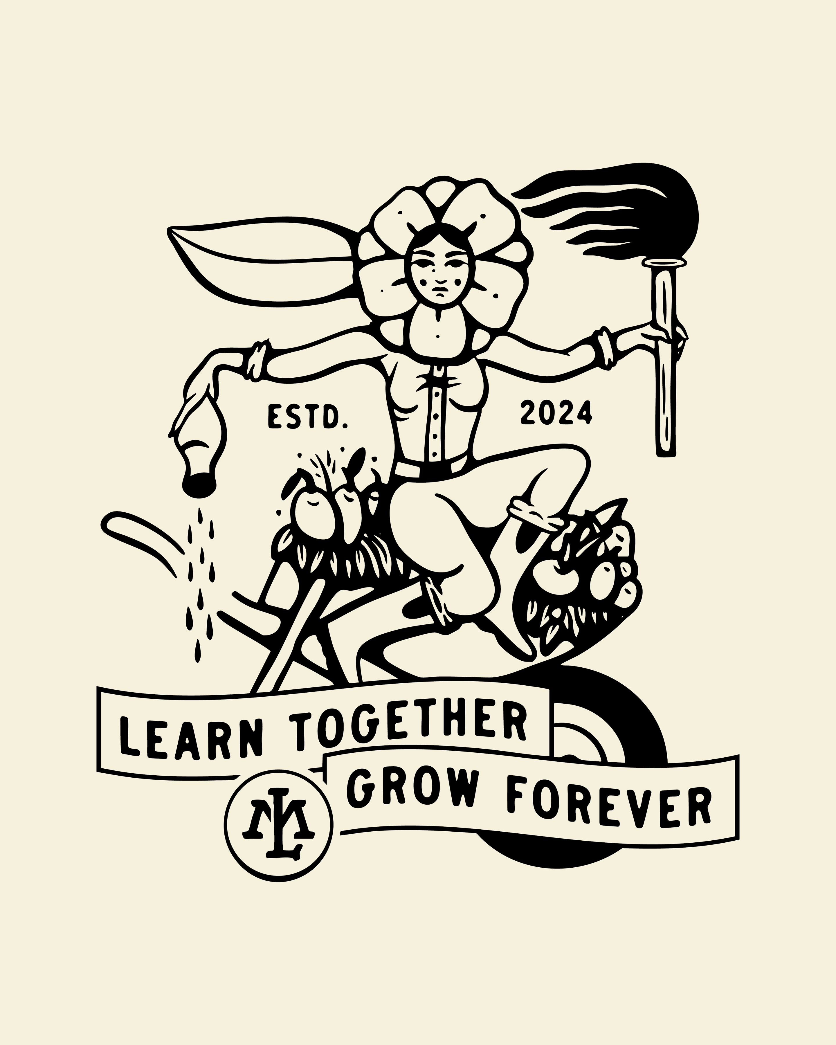 Mad Love Farms — the mascot riding the wheelbarrow with the slogan banner, in black on cream