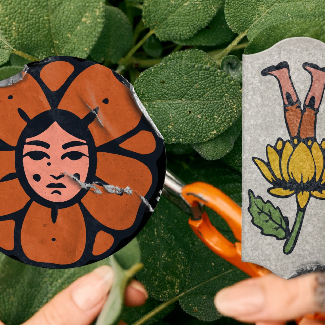 Mad Love Farms — the flower mascot sticker and the Flowers badge held against mint leaves