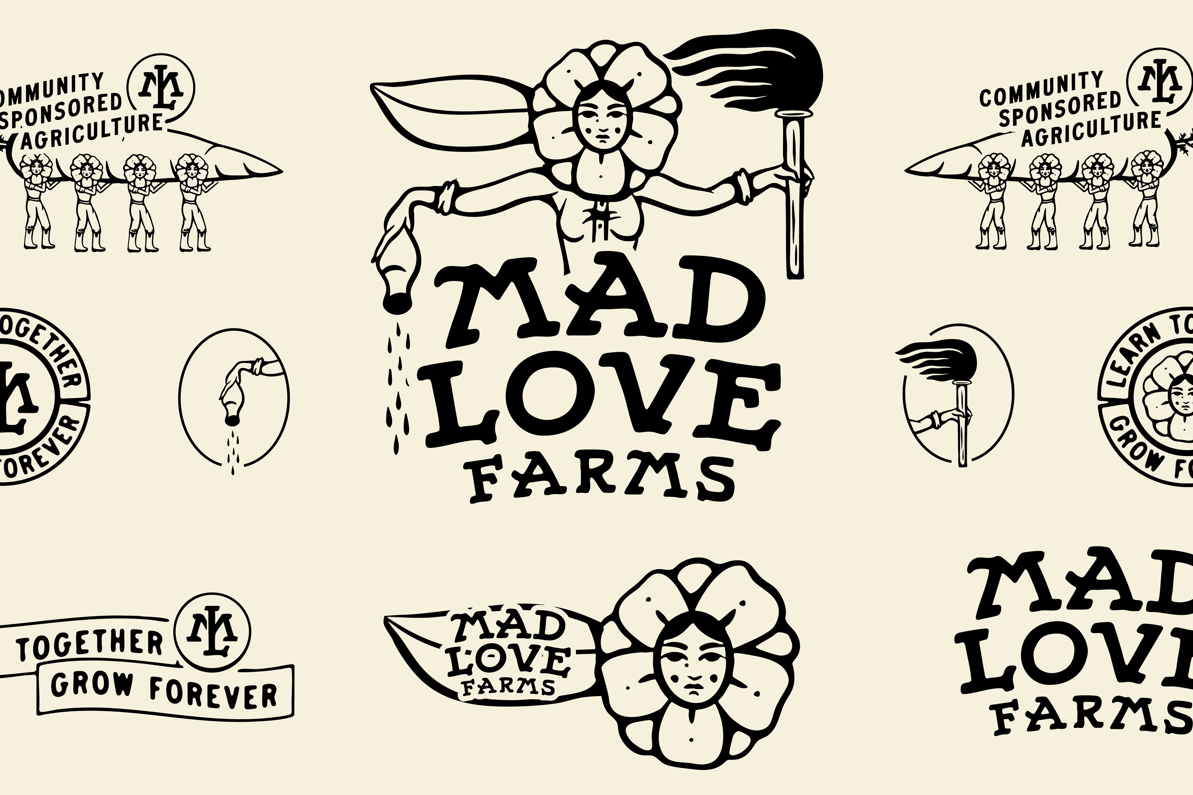 Mad Love Farms — identity sheet in black on cream: the mascot with the wordmark, the carrot crew and the framed sign